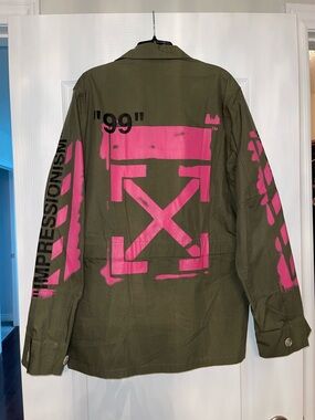 Off-White logo Virgil Abloh Olive Green Military Patch Jacket with White Logo